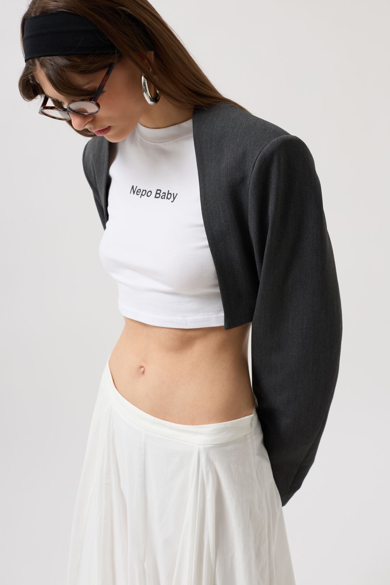 Wholesale Chest Bra Detail Dark Grey Crop Jacket