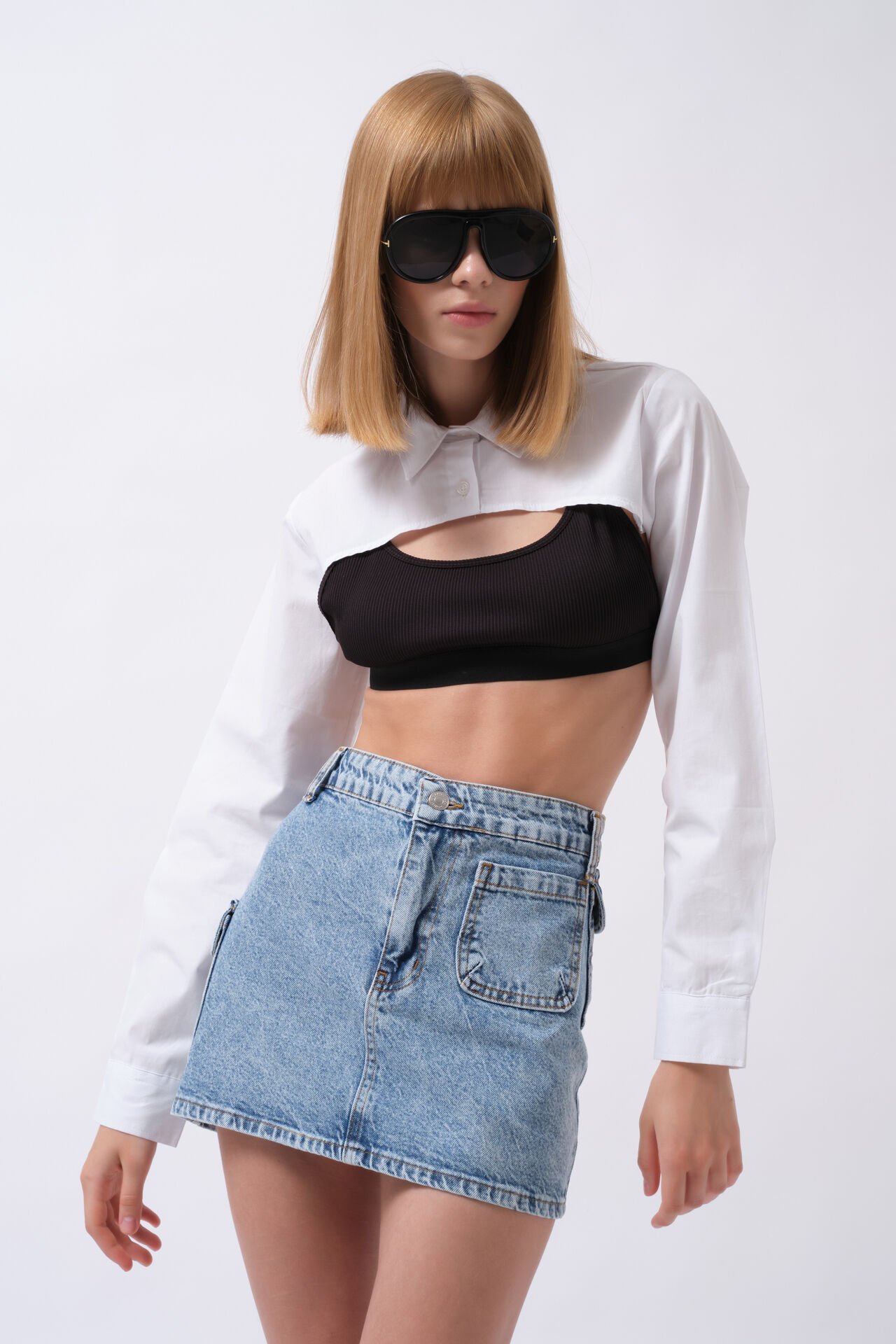 Toptan Cep Detay Denim Mini Mavi Etek