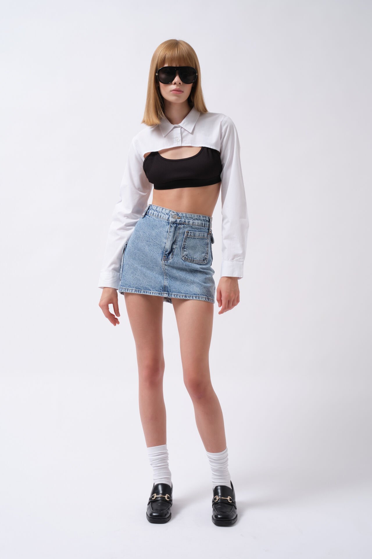 Wholesale Pocket Detail Denim Mini Blue Skirt