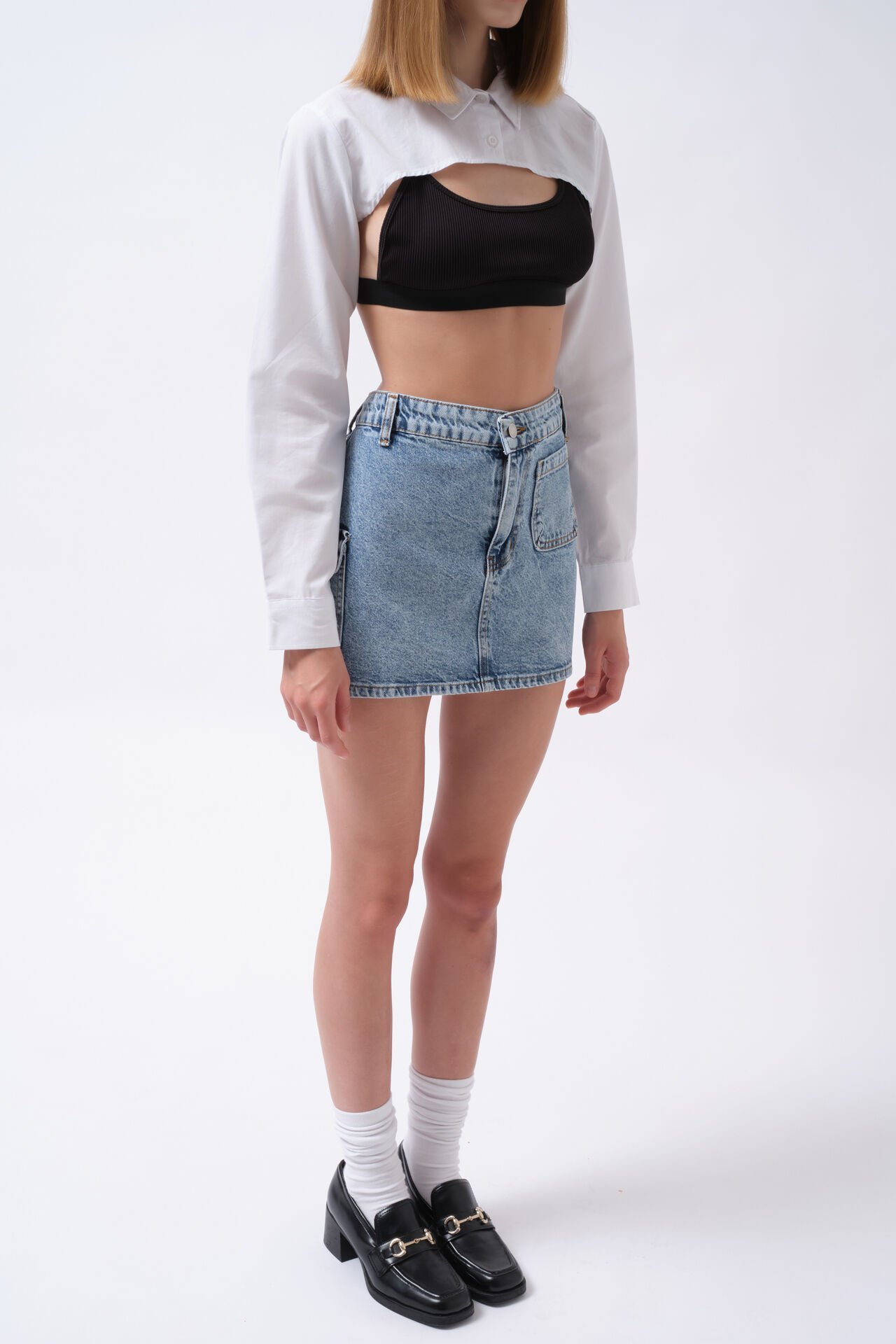 Wholesale Pocket Detail Denim Mini Blue Skirt