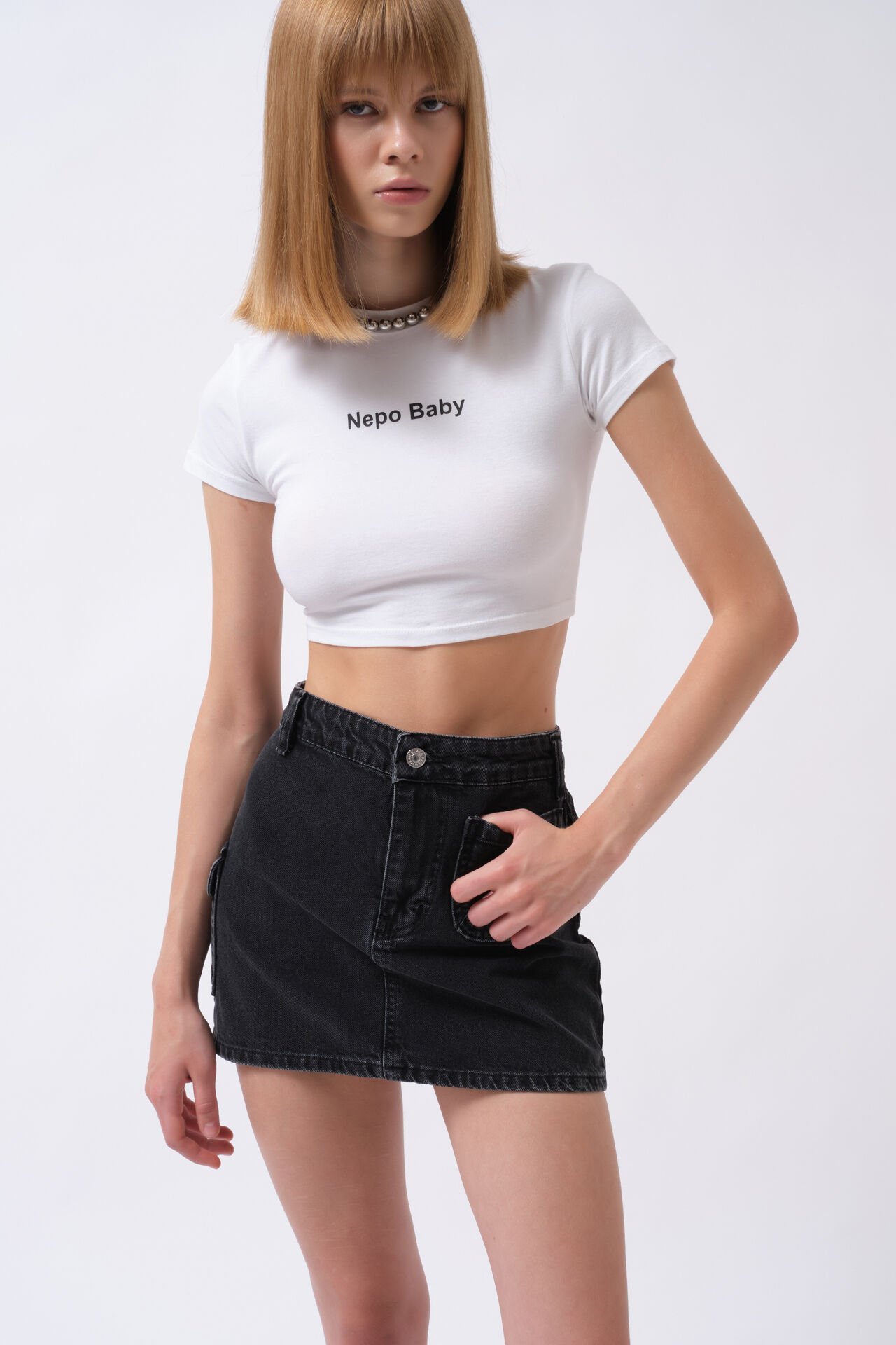 Wholesale Pocket Detail Denim Mini Black Skirt