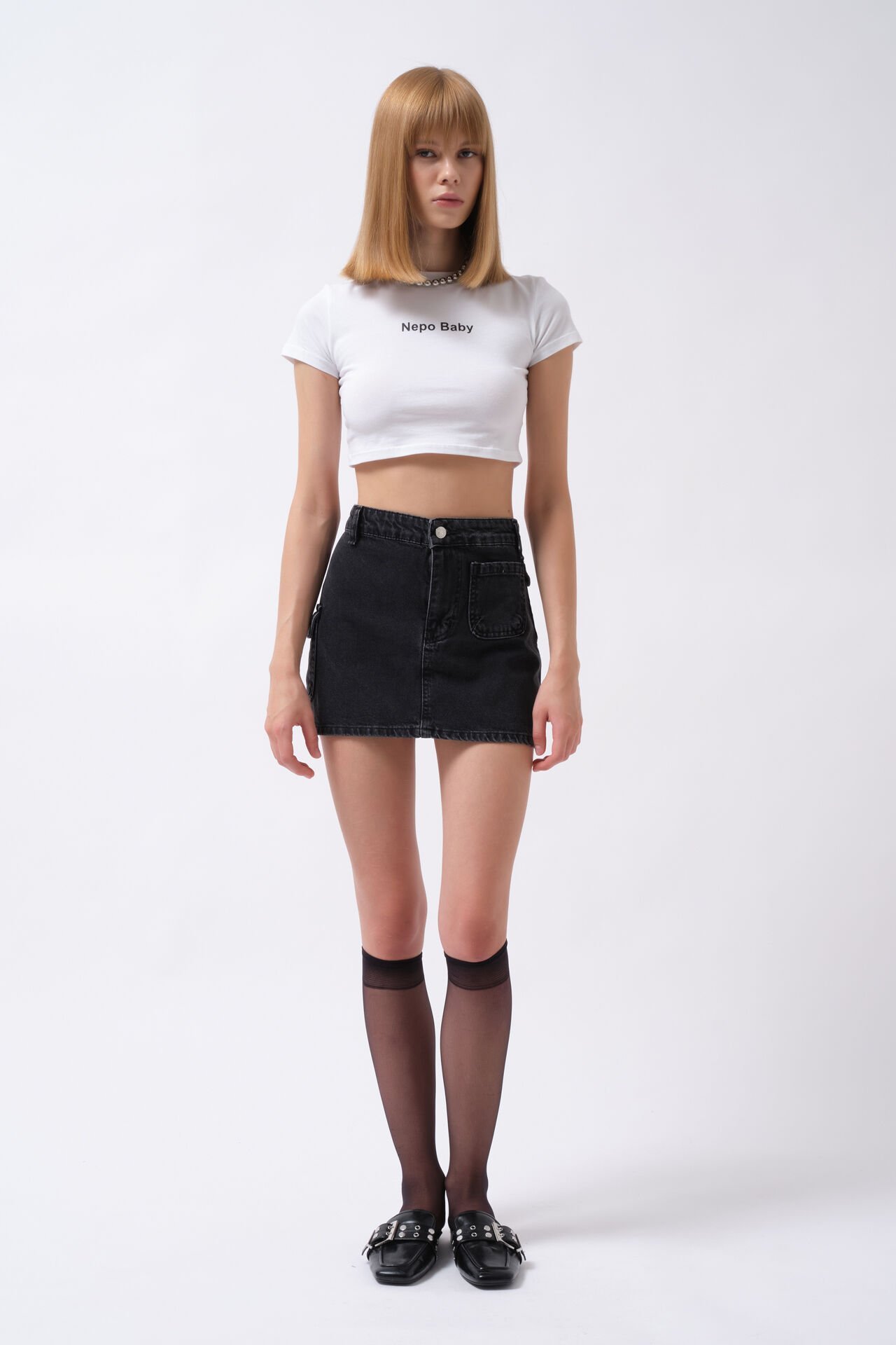 Wholesale Pocket Detail Denim Mini Black Skirt