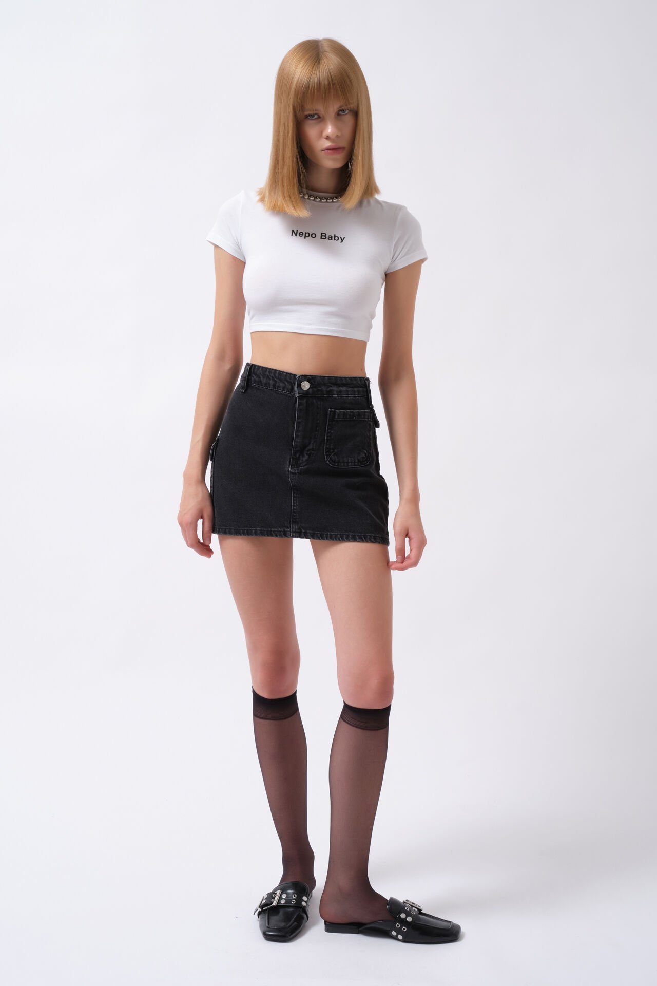 Wholesale Pocket Detail Denim Mini Black Skirt