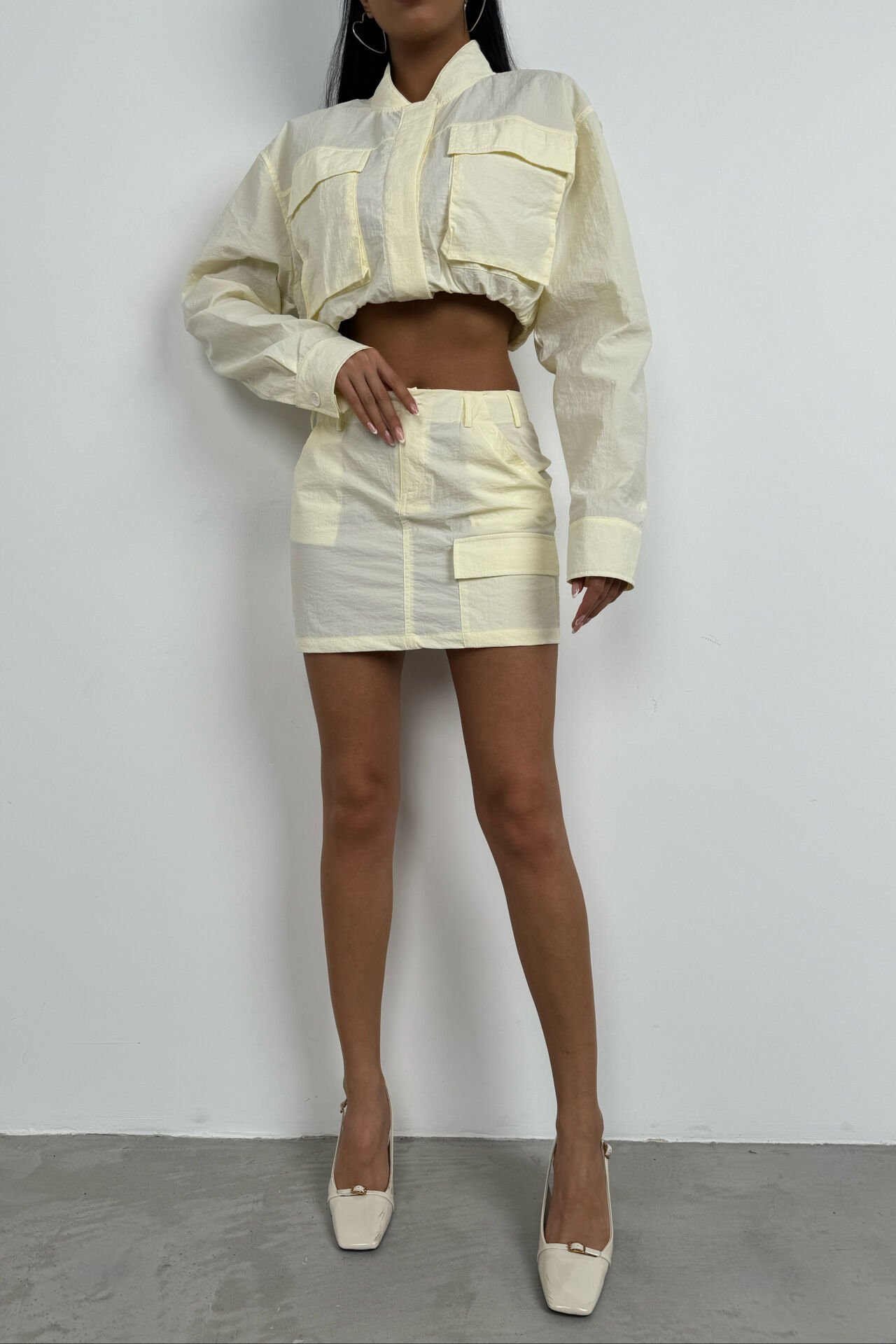 Wholesale Pocket Detail Parachute Ecru Crop Jacket