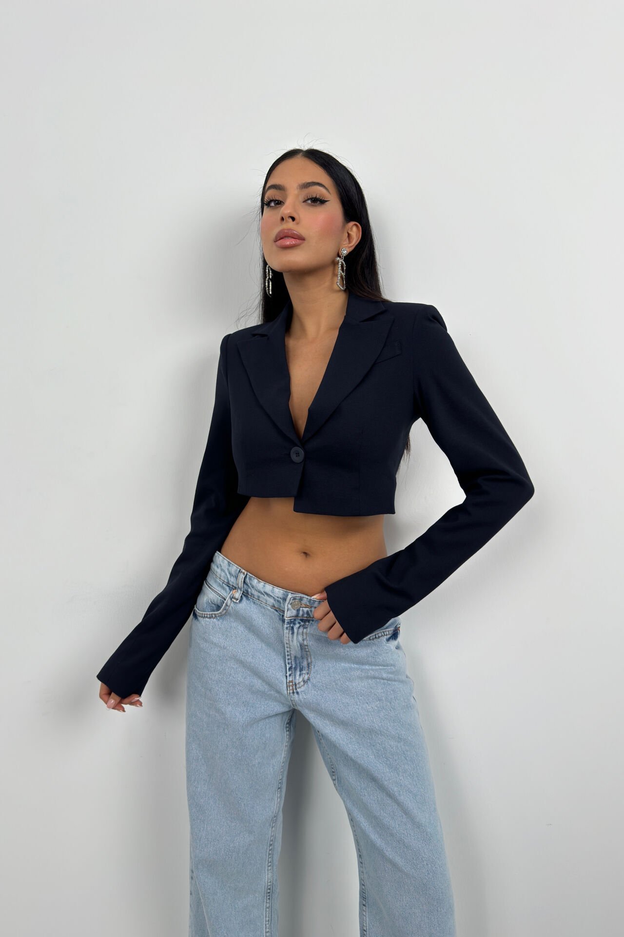 Wholesale Asymmetrical Single Button Navy Blue Jacket