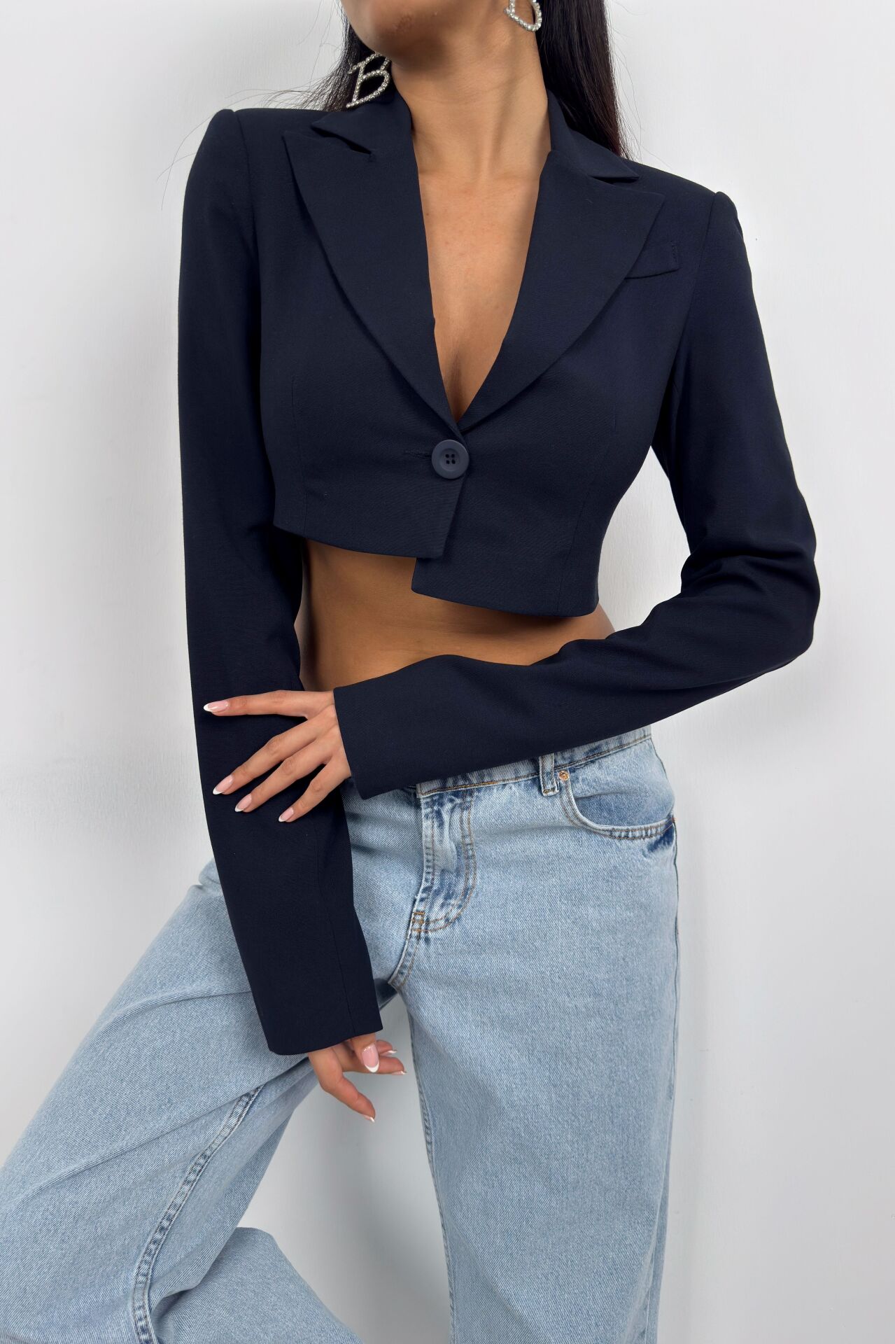Wholesale Asymmetrical Single Button Navy Blue Jacket