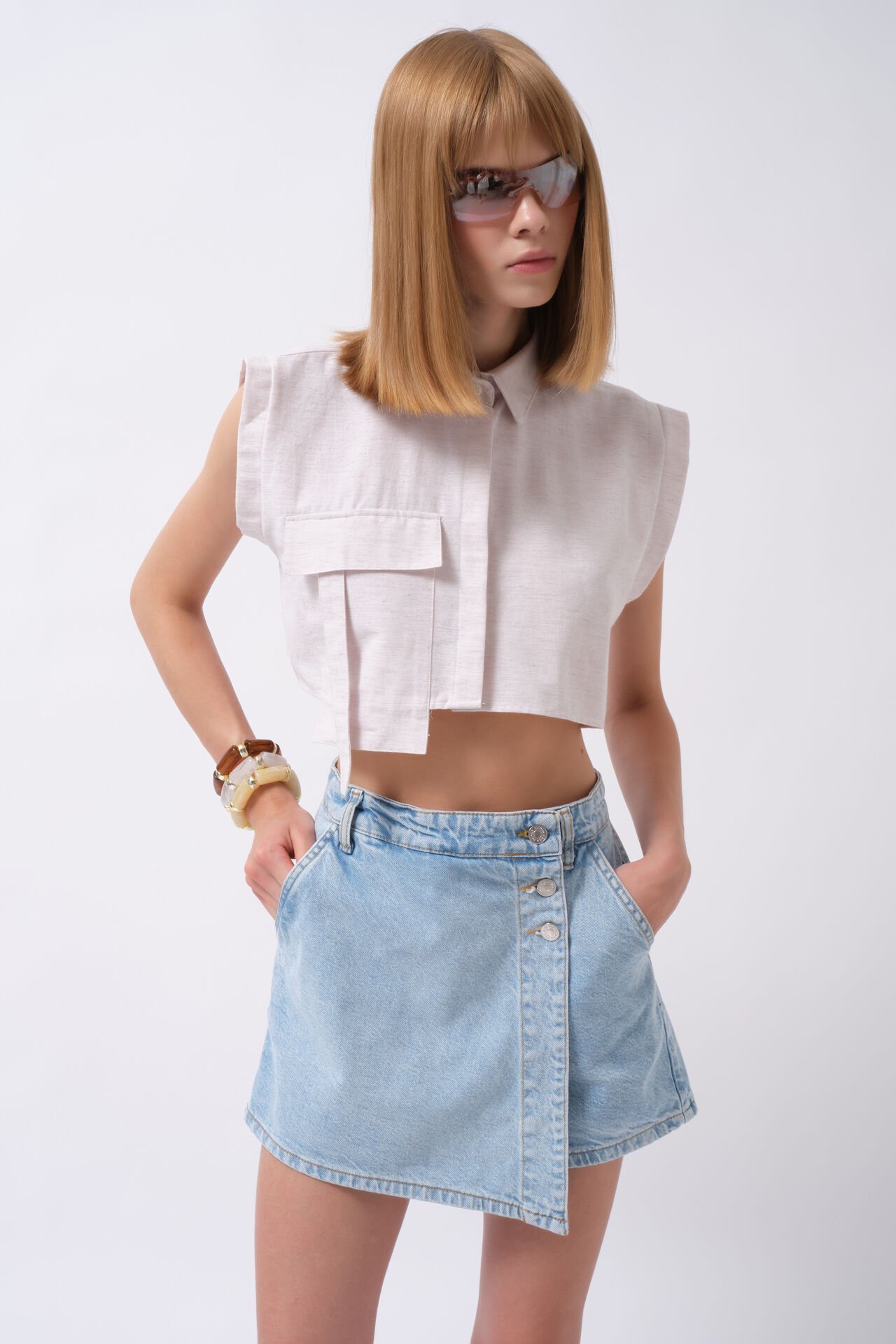 Wholesale Button Detail Denim Mini Blue Skirt