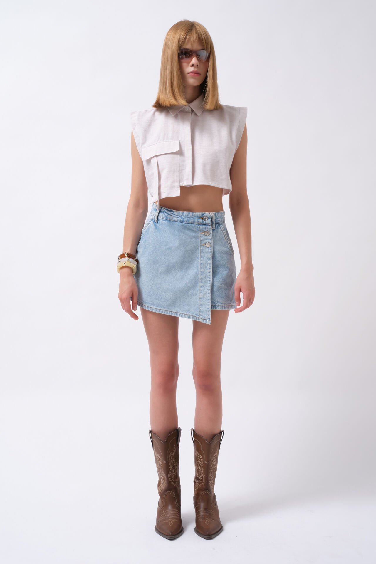 Wholesale Button Detail Denim Mini Blue Skirt
