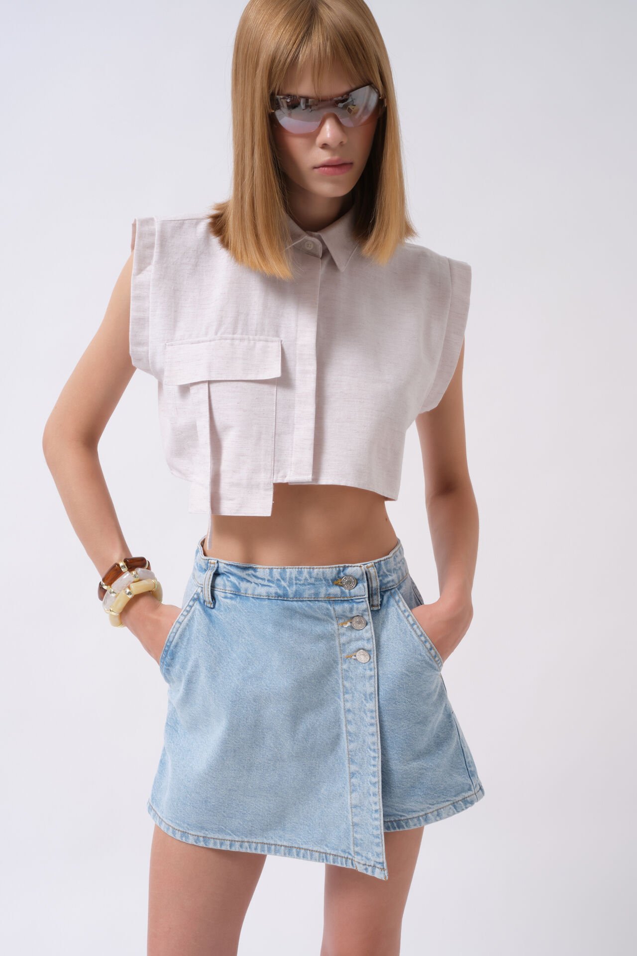 Wholesale Button Detail Denim Mini Blue Skirt