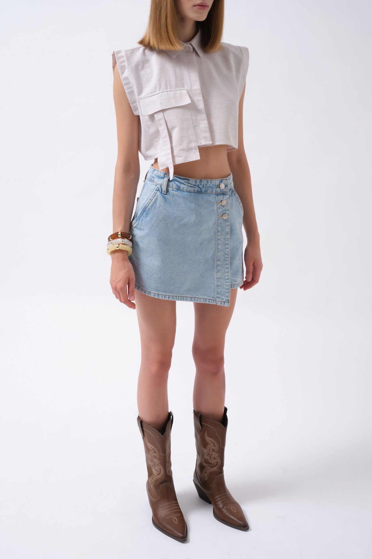 Wholesale Button Detail Denim Mini Blue Skirt