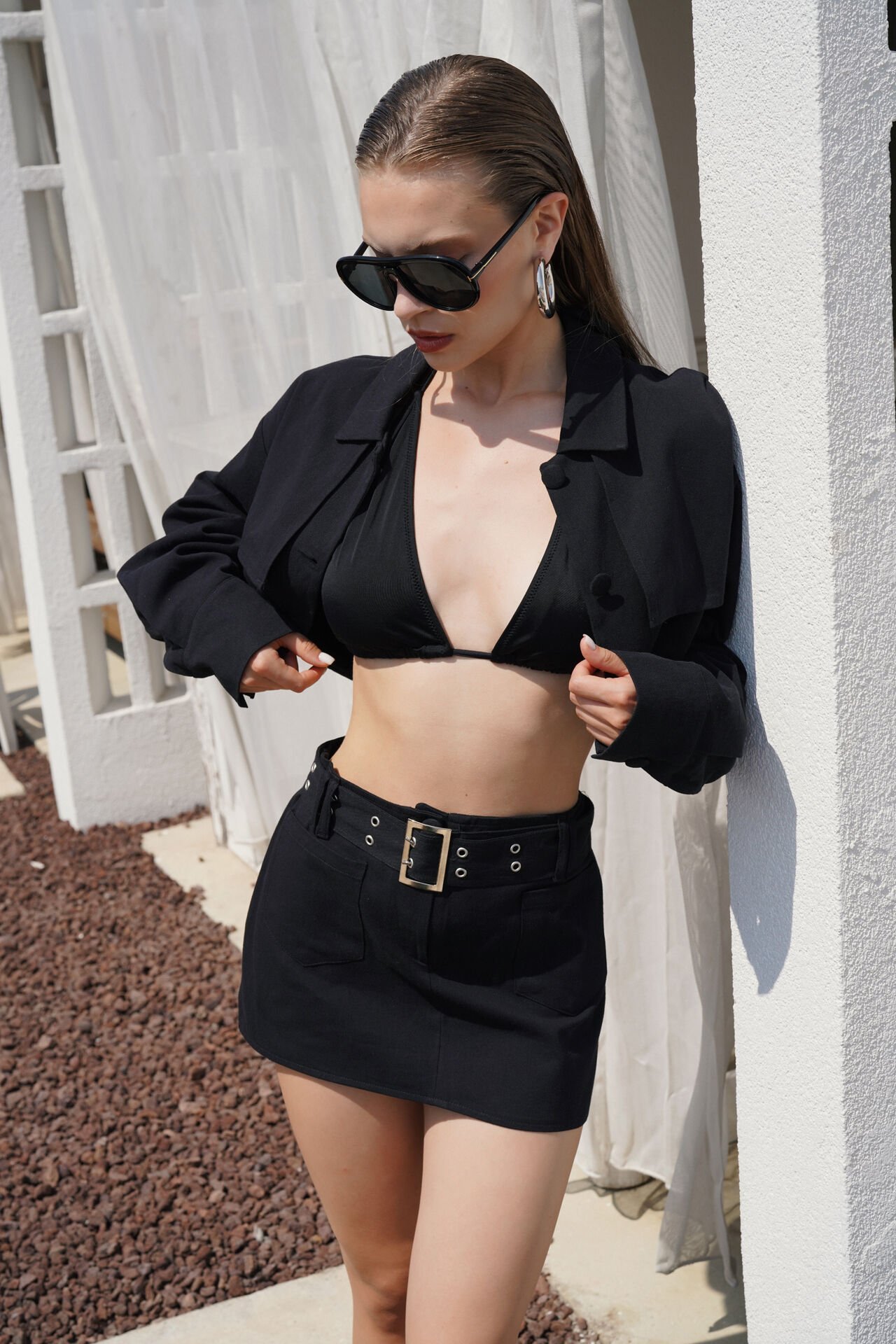 Wholesale Button Detail Black Crop Jacket