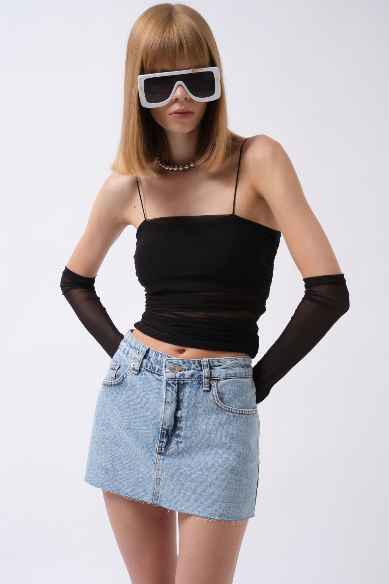 Toptan Lazer Kesim Denim Mini Mavi Etek