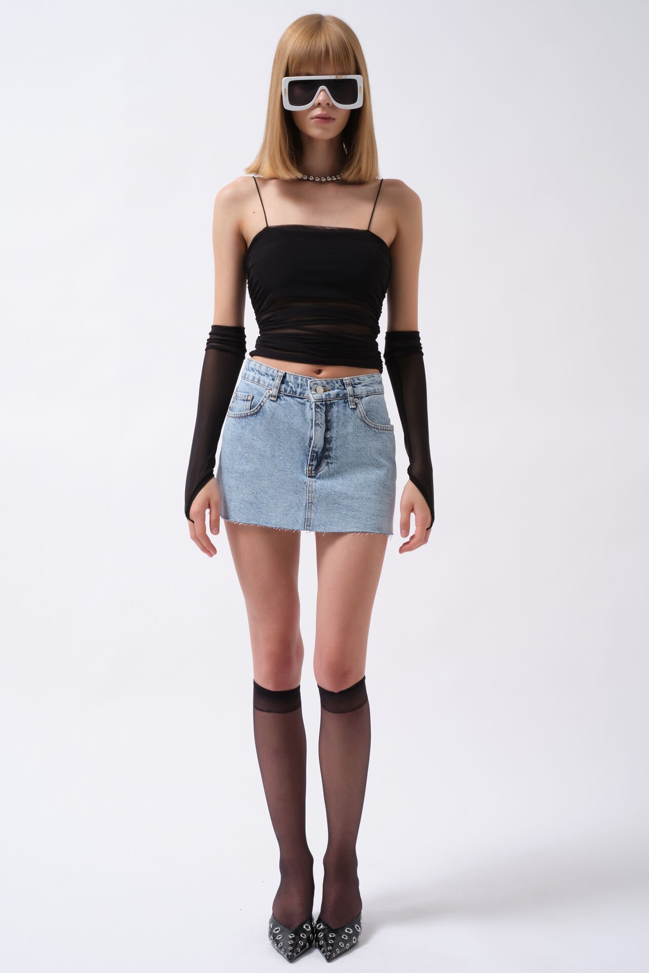 Toptan Lazer Kesim Denim Mini Mavi Etek