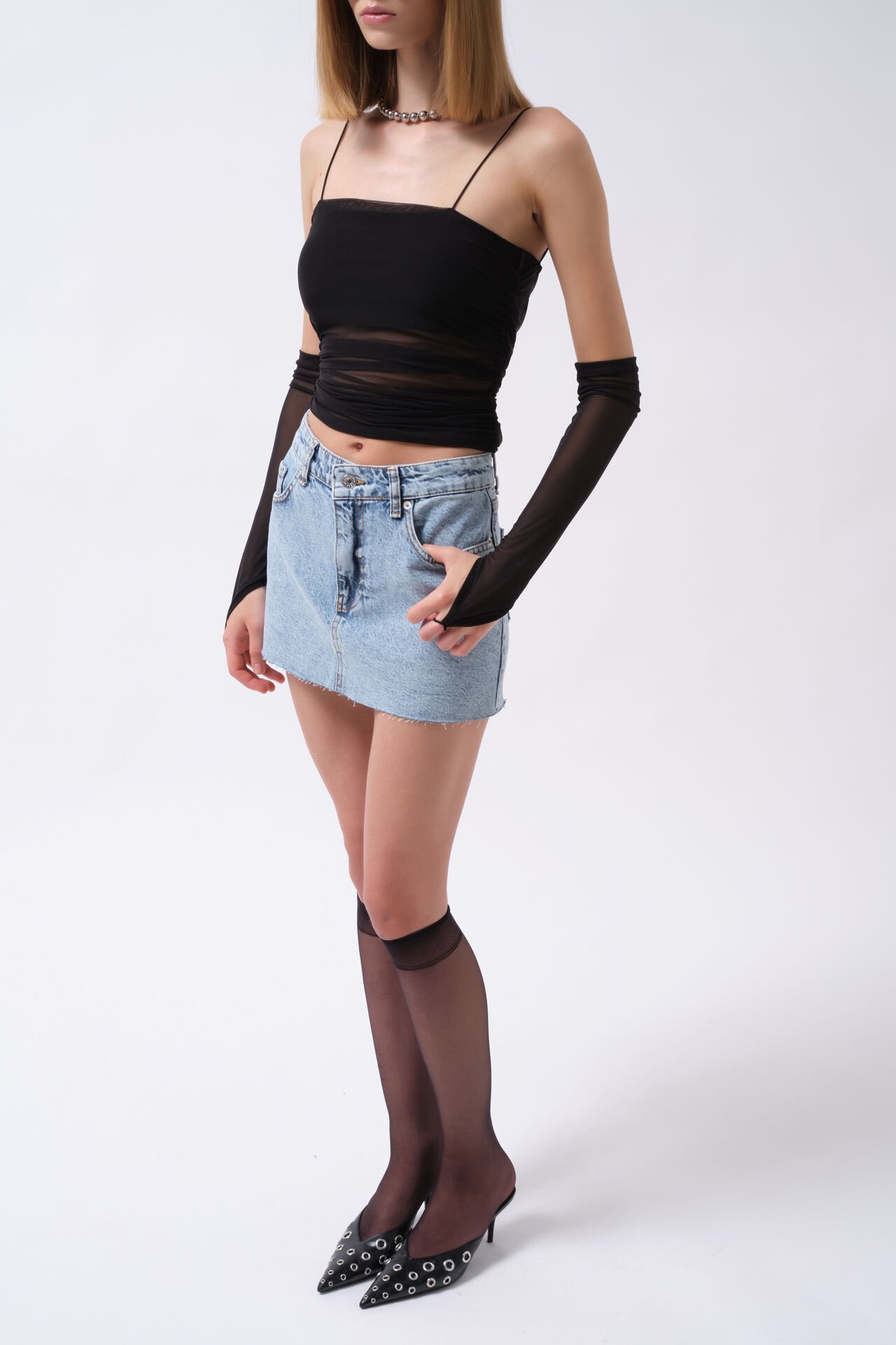 Toptan Lazer Kesim Denim Mini Mavi Etek