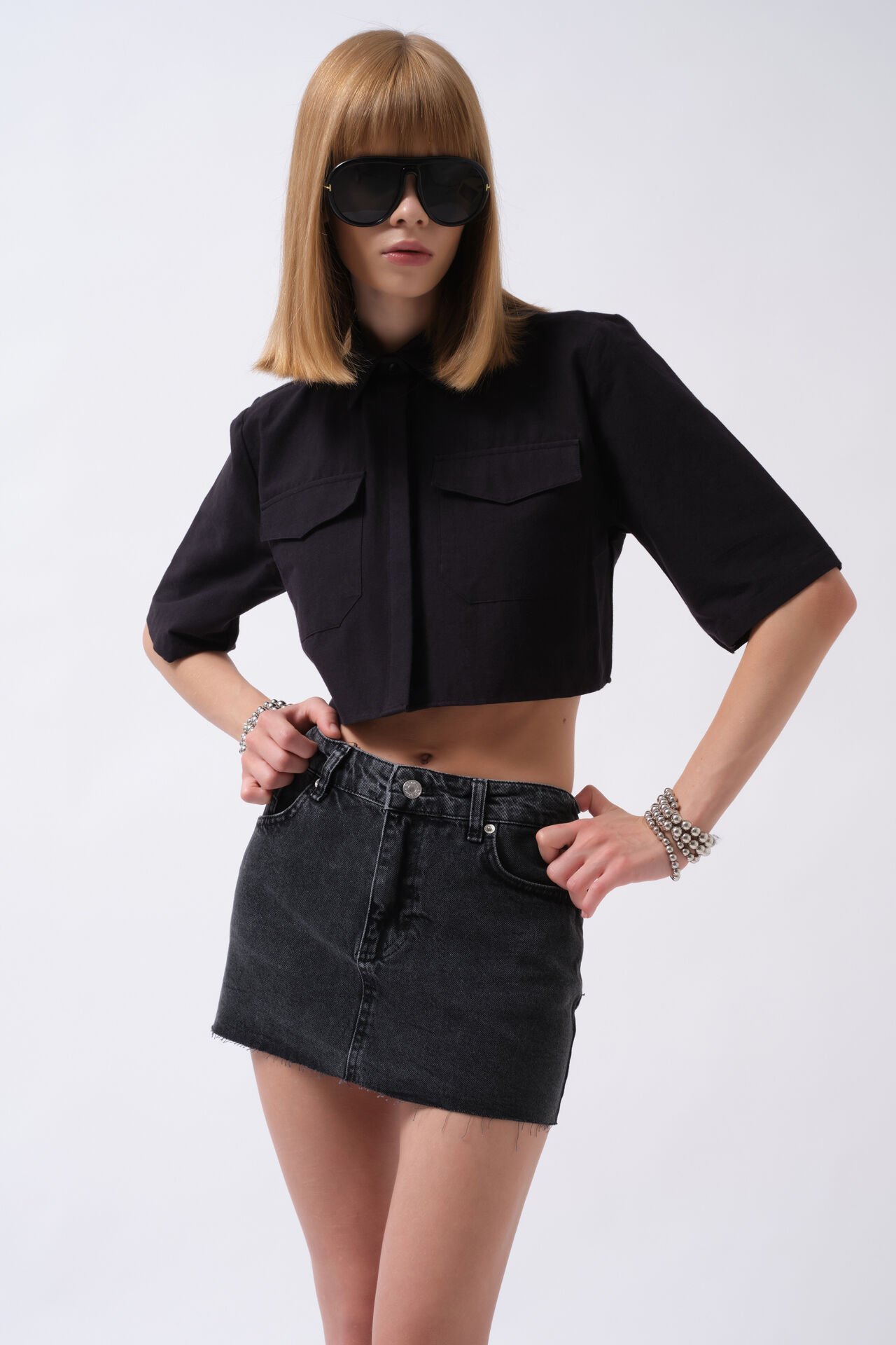 Wholesale Laser Cut Denim Mini Black Skirt