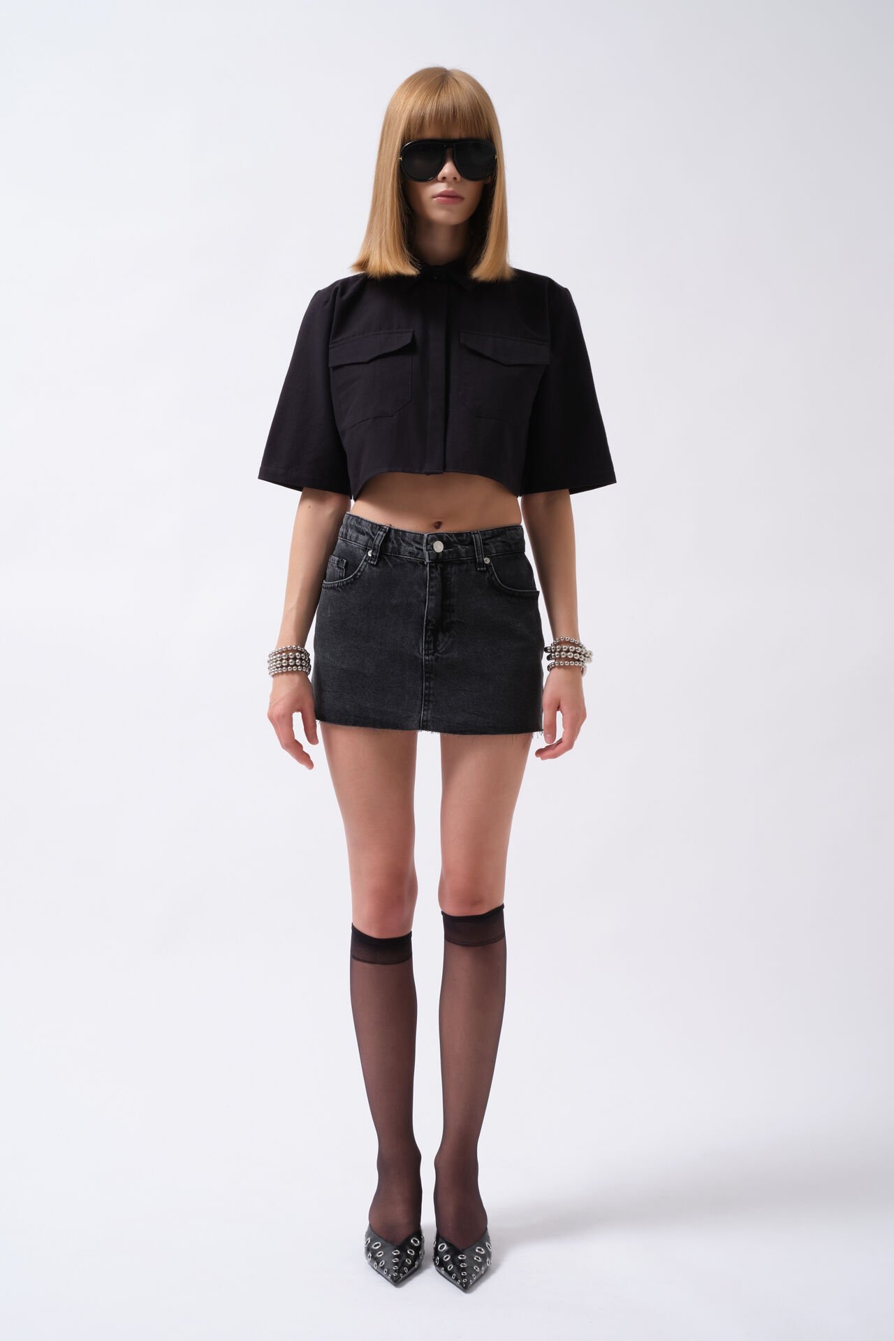 Wholesale Laser Cut Denim Mini Black Skirt