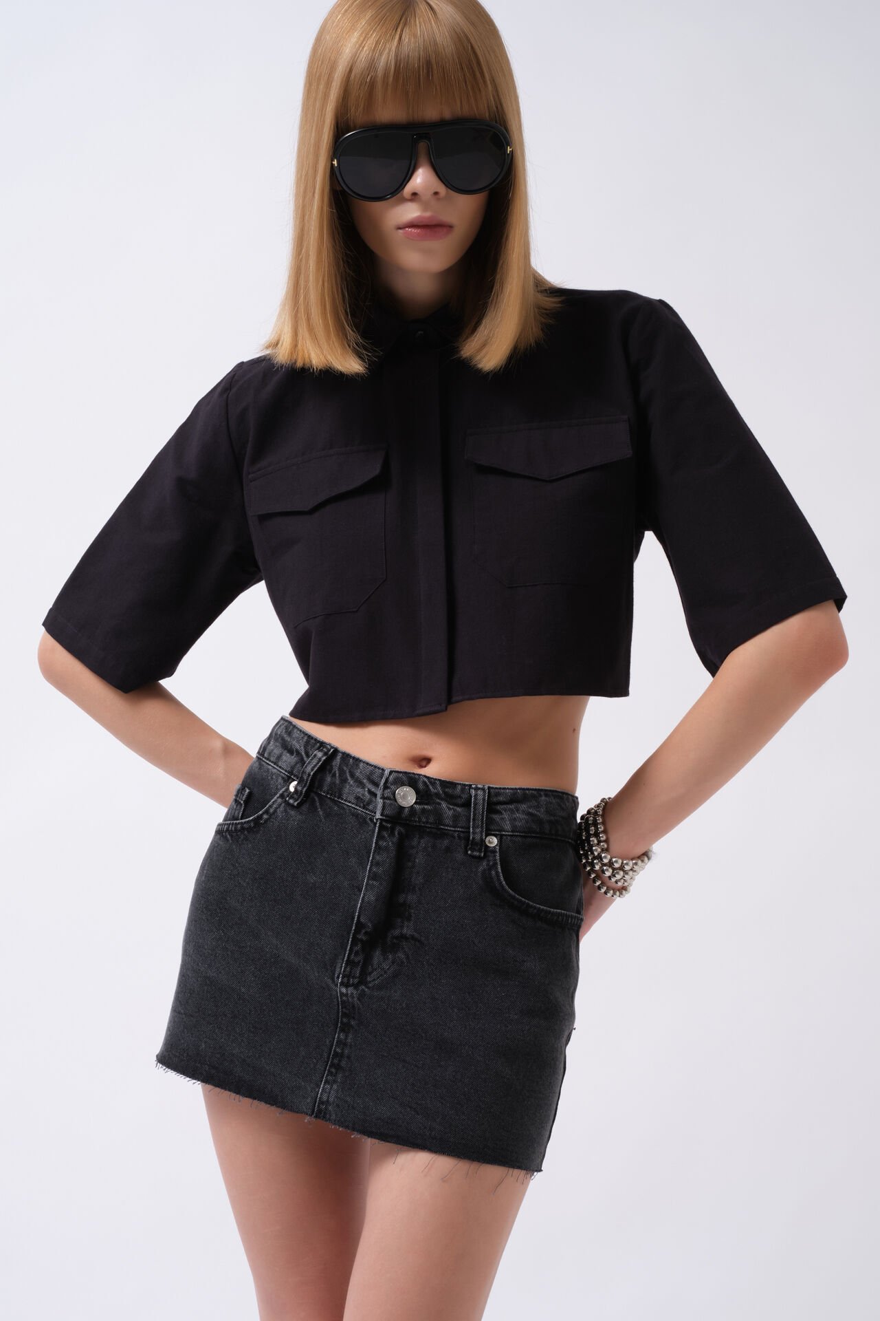 Wholesale Laser Cut Denim Mini Black Skirt