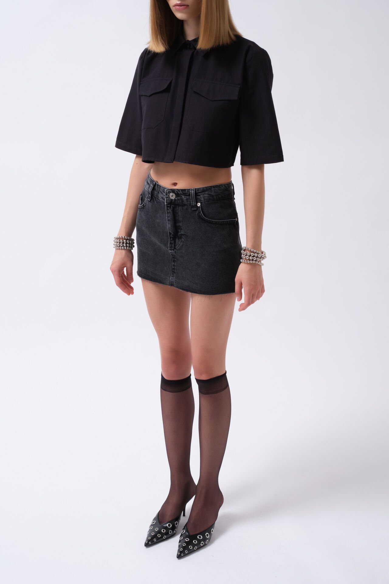 Wholesale Laser Cut Denim Mini Black Skirt