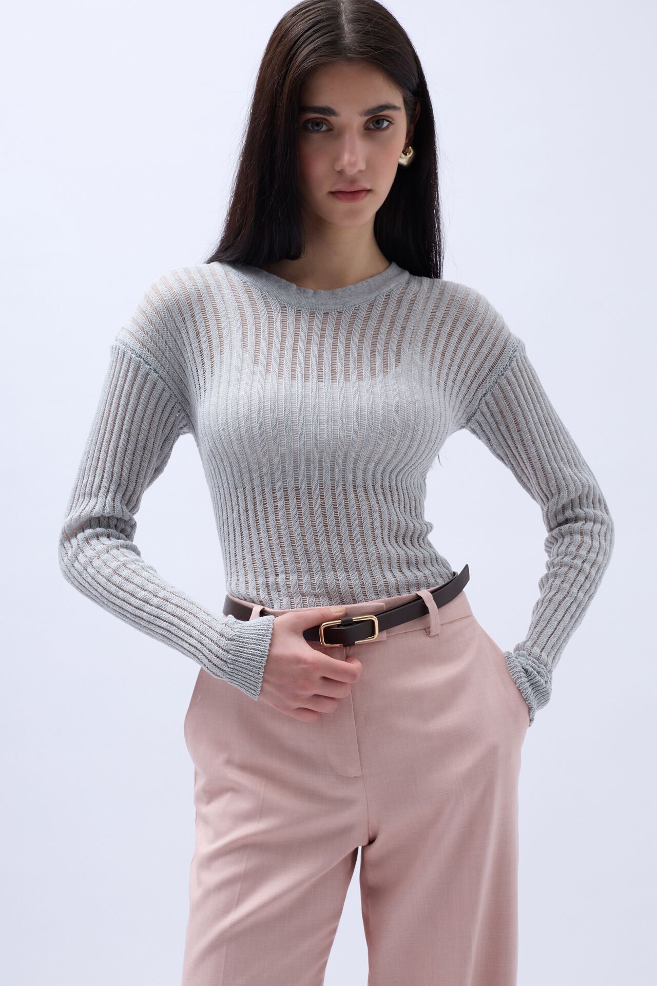 Toptan Fitilli Transparan Gri Bluz