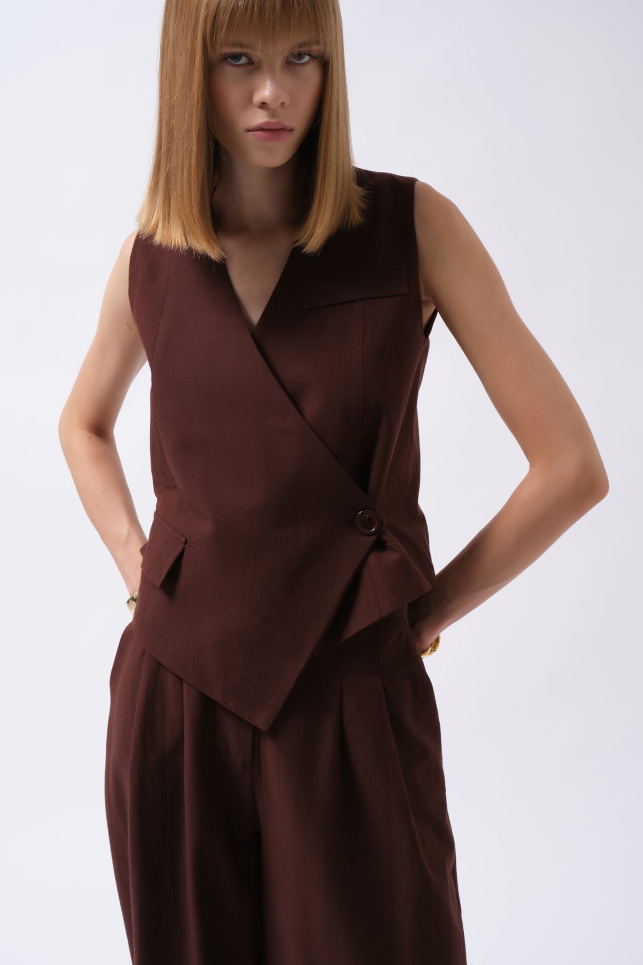 Wholesale Side Button Asymmetrical Brown Vest