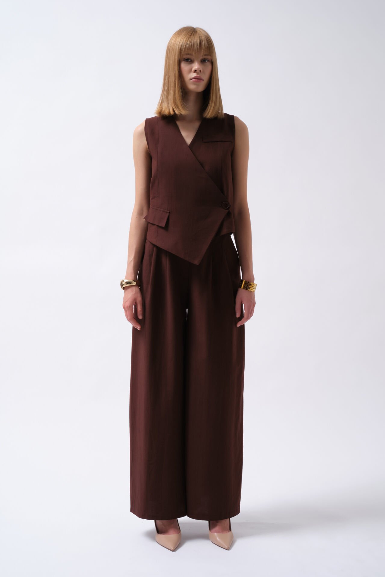 Wholesale Side Button Asymmetrical Brown Vest