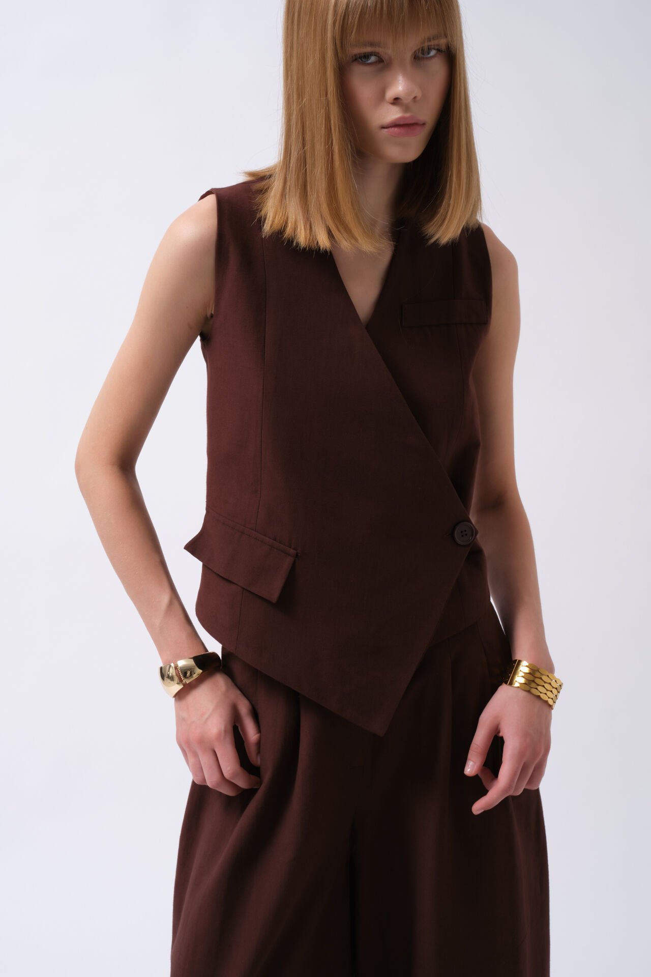 Wholesale Side Button Asymmetrical Brown Vest