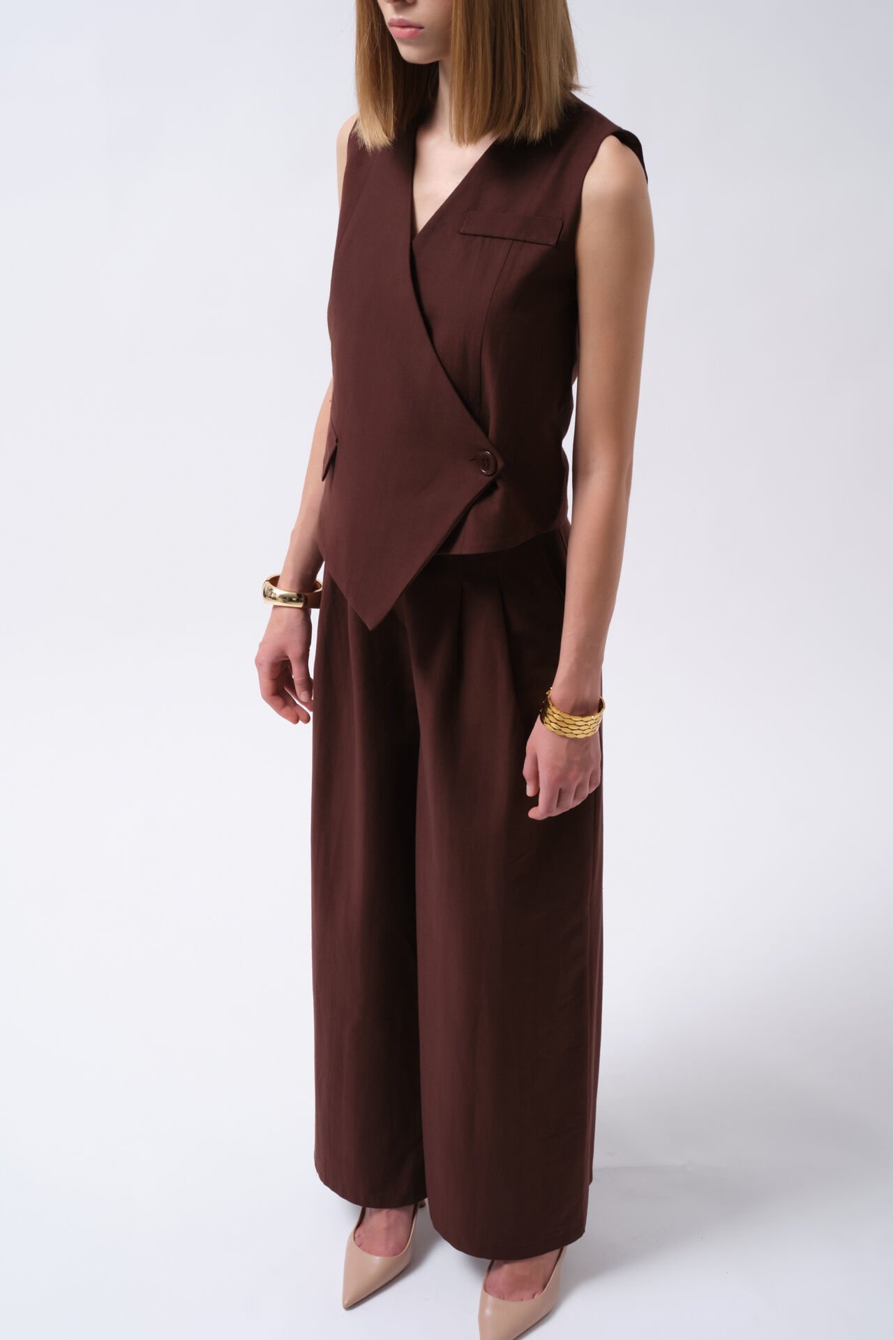 Wholesale Side Button Asymmetrical Brown Vest