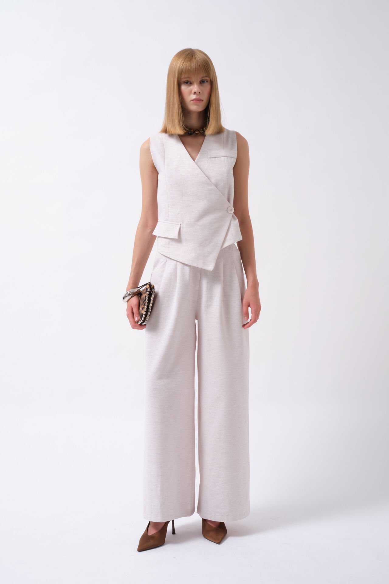 Wholesale Side Button Asymmetrical Beige Vest