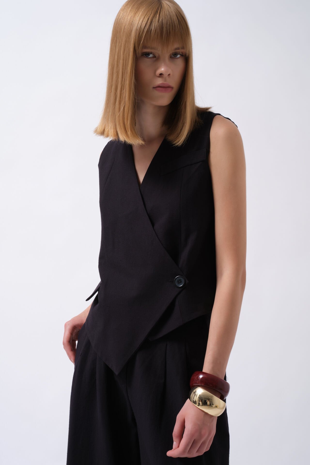 Wholesale Side Button Asymmetrical Black Vest