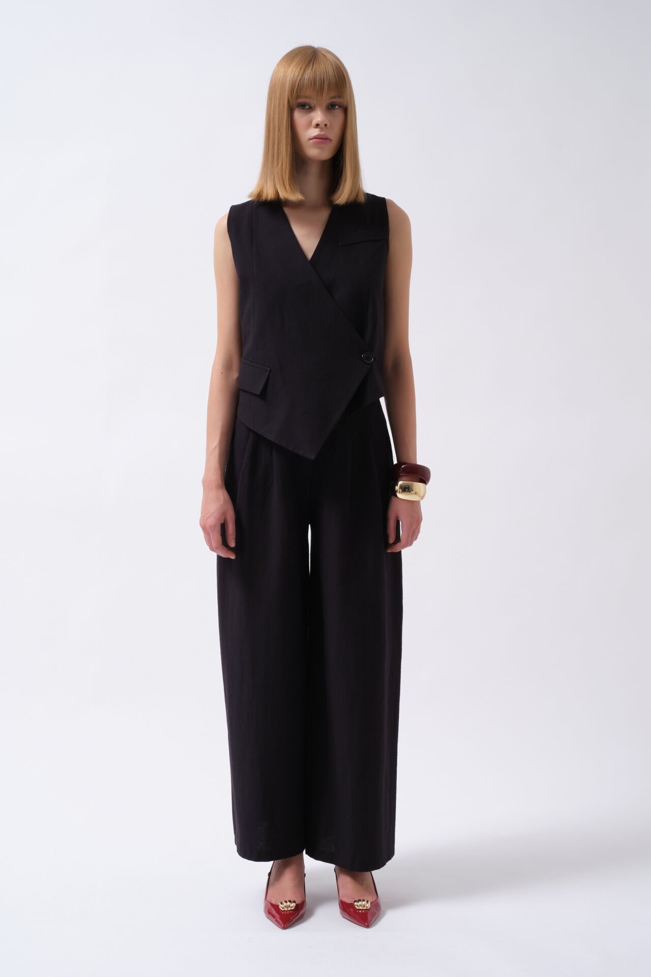 Wholesale Side Button Asymmetrical Black Vest