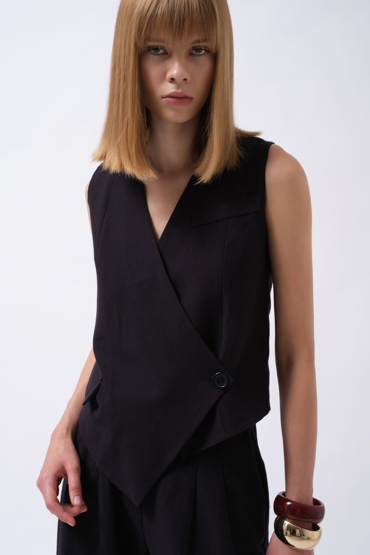 Wholesale Side Button Asymmetrical Black Vest