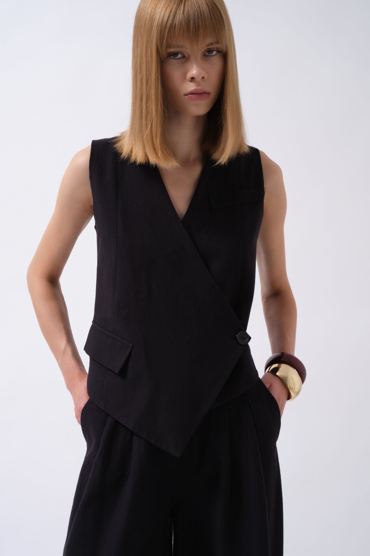 Wholesale Side Button Asymmetrical Black Vest