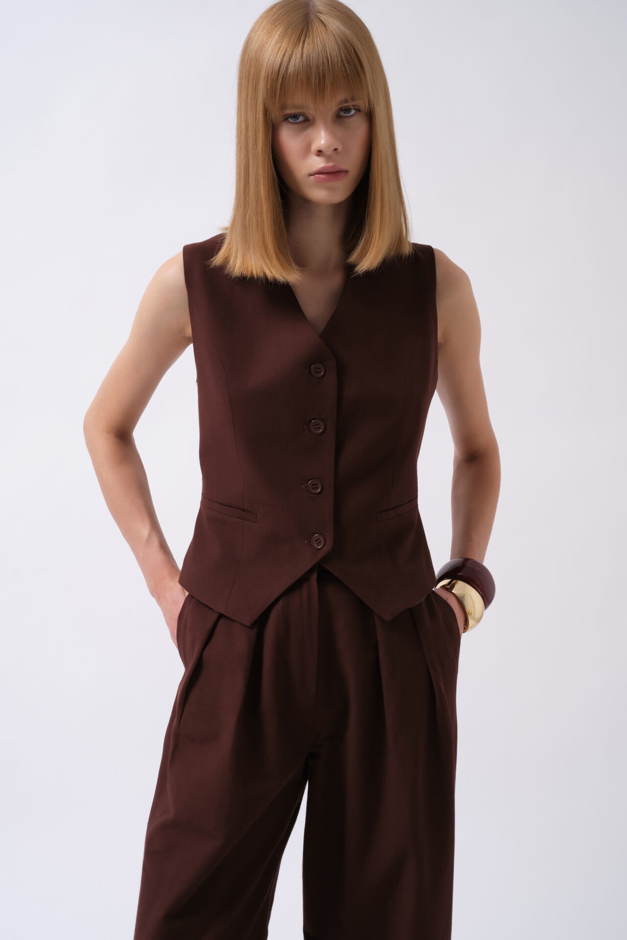 Wholesale Flato Pocket Buttoned Brown Vest