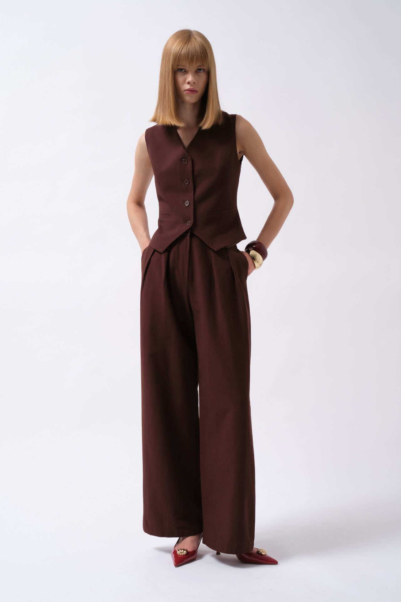 Wholesale Flato Pocket Buttoned Brown Vest
