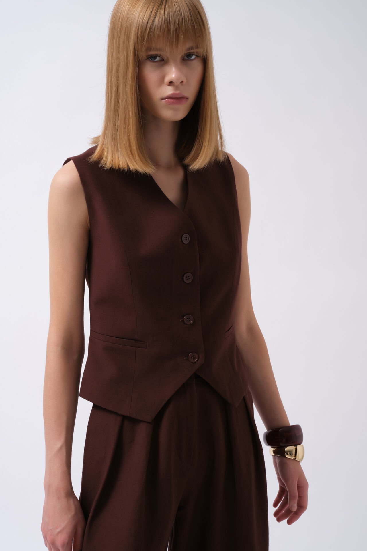 Wholesale Flato Pocket Buttoned Brown Vest