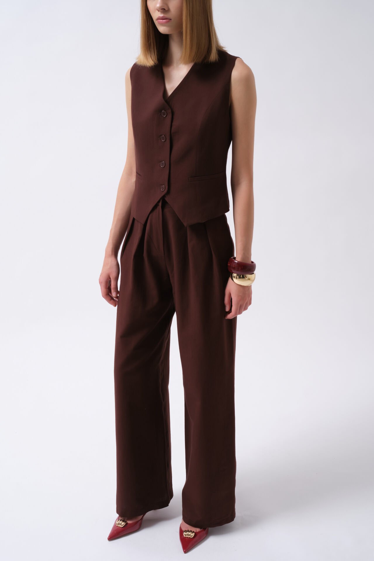 Wholesale Flato Pocket Buttoned Brown Vest