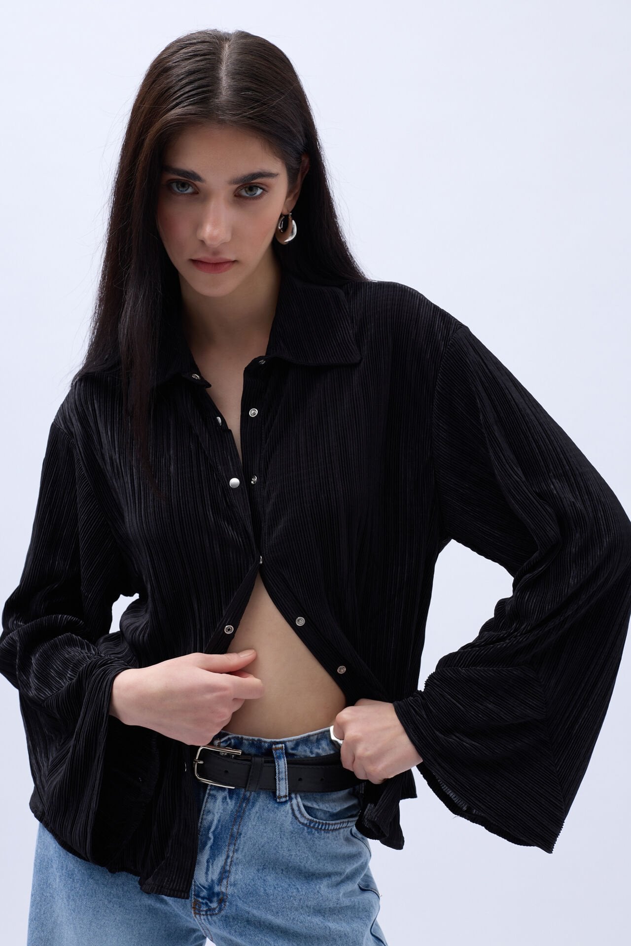 Toptan Oversize Dokulu Siyah Gömlek