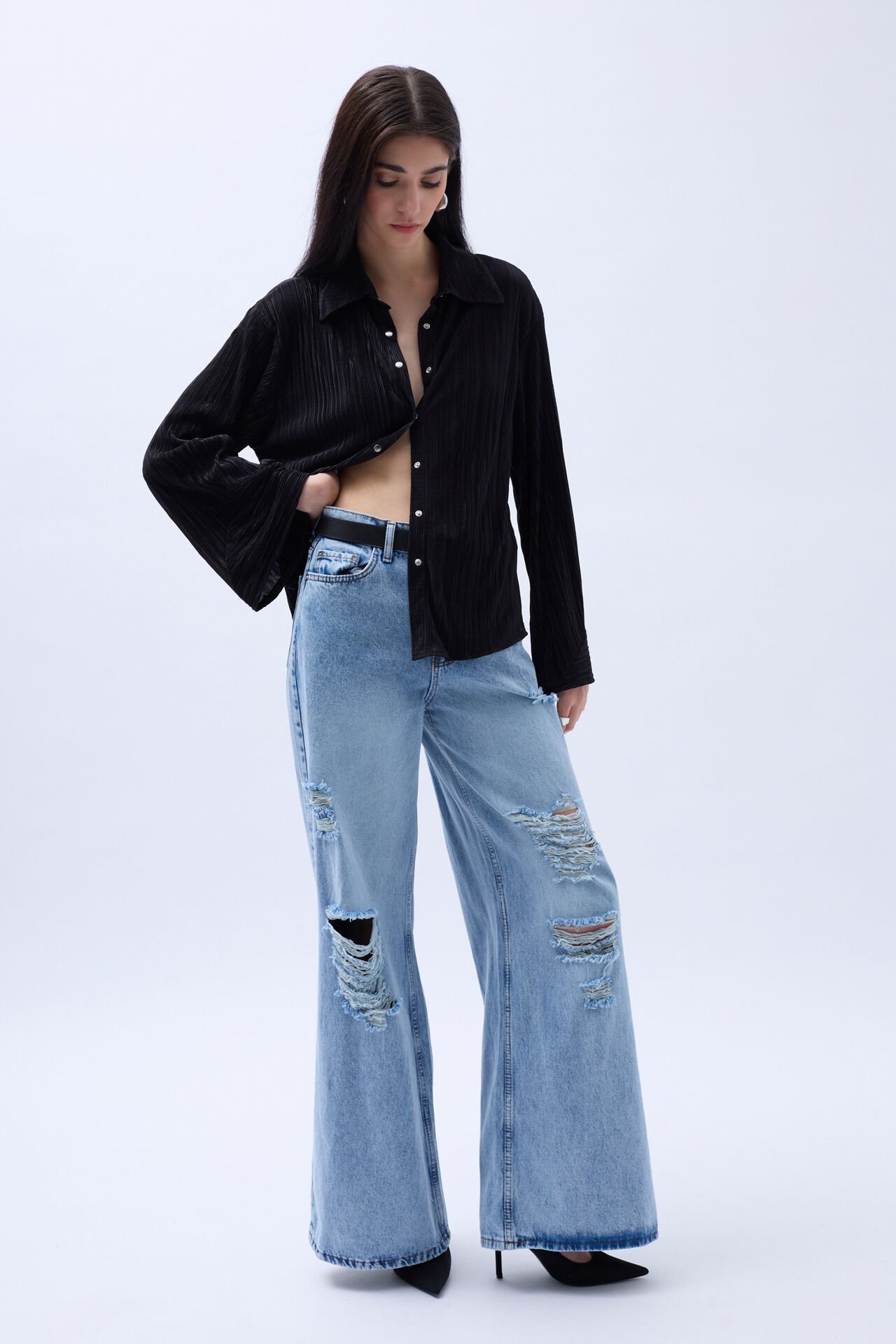 Toptan Oversize Dokulu Siyah Gömlek