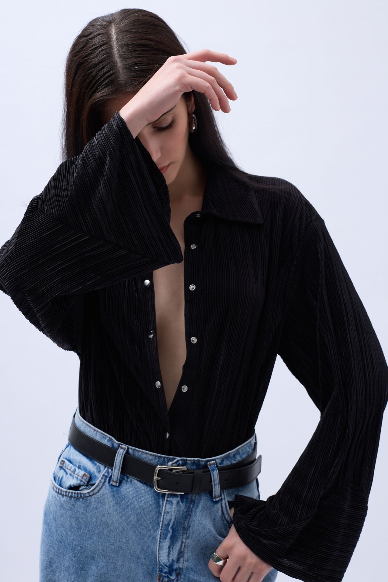 Toptan Oversize Dokulu Siyah Gömlek