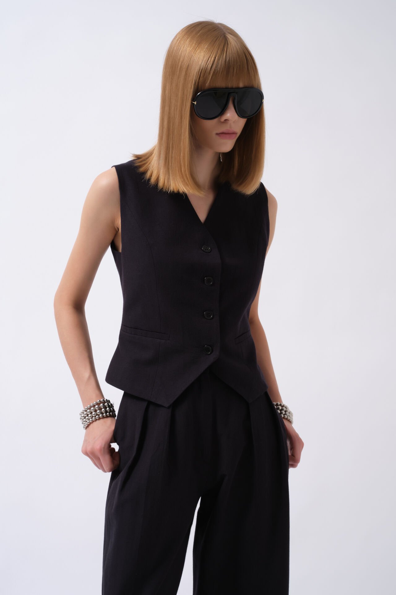 Wholesale Flato Pocket Buttoned Navy Blue Vest