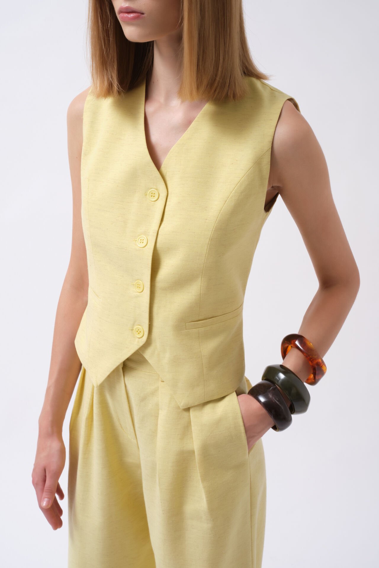 Wholesale Flato Pocket Buttoned Yellow Vest