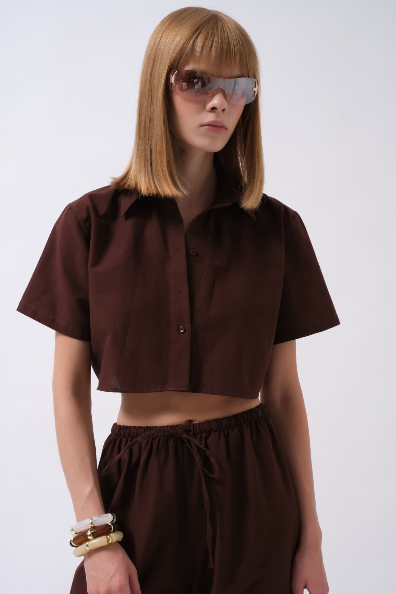 Wholesale Striped Crop Cotton Brown Shirt