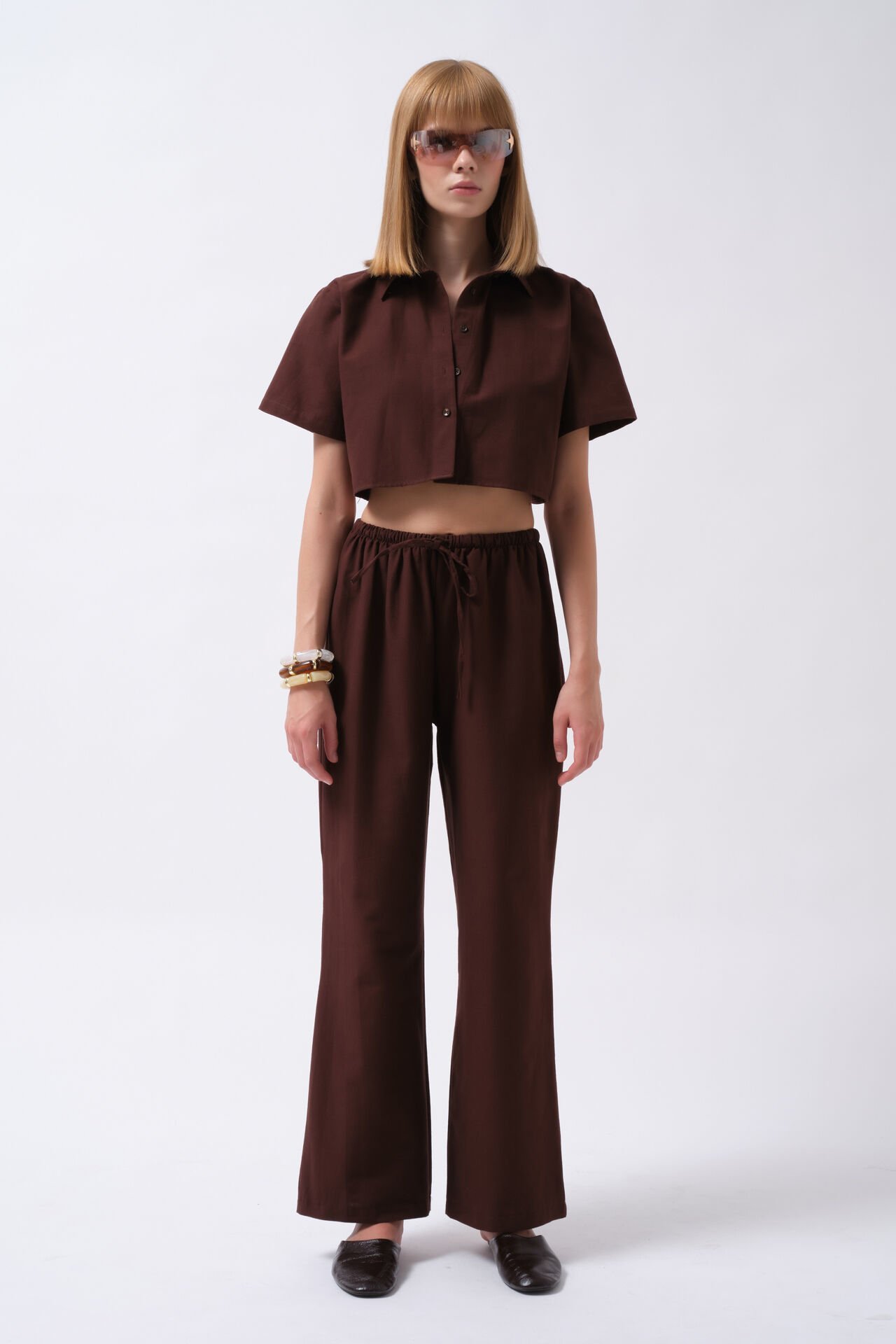 Wholesale Striped Crop Cotton Brown Shirt