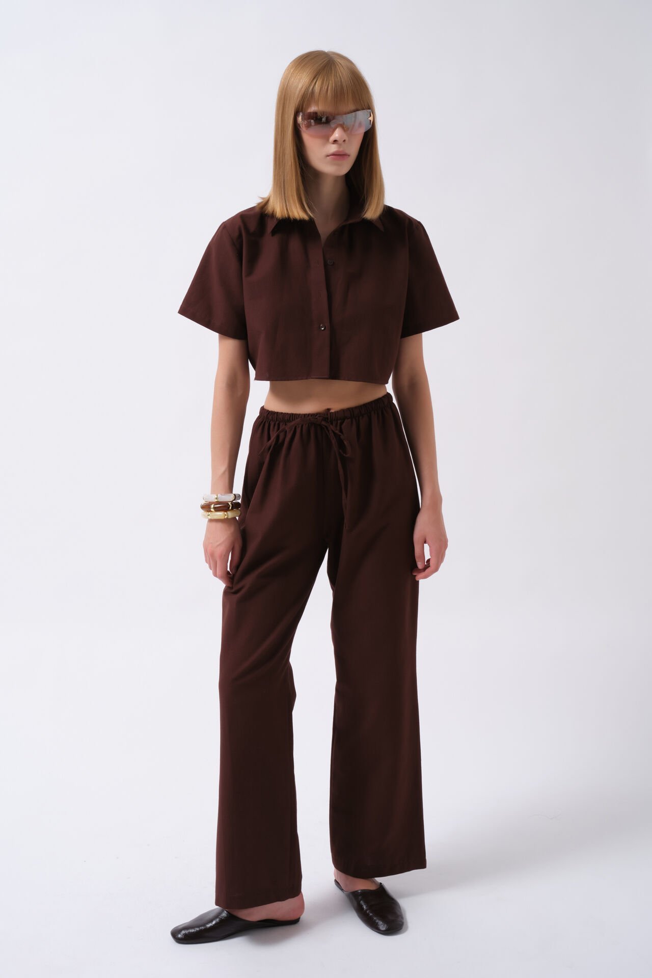 Wholesale Striped Crop Cotton Brown Shirt
