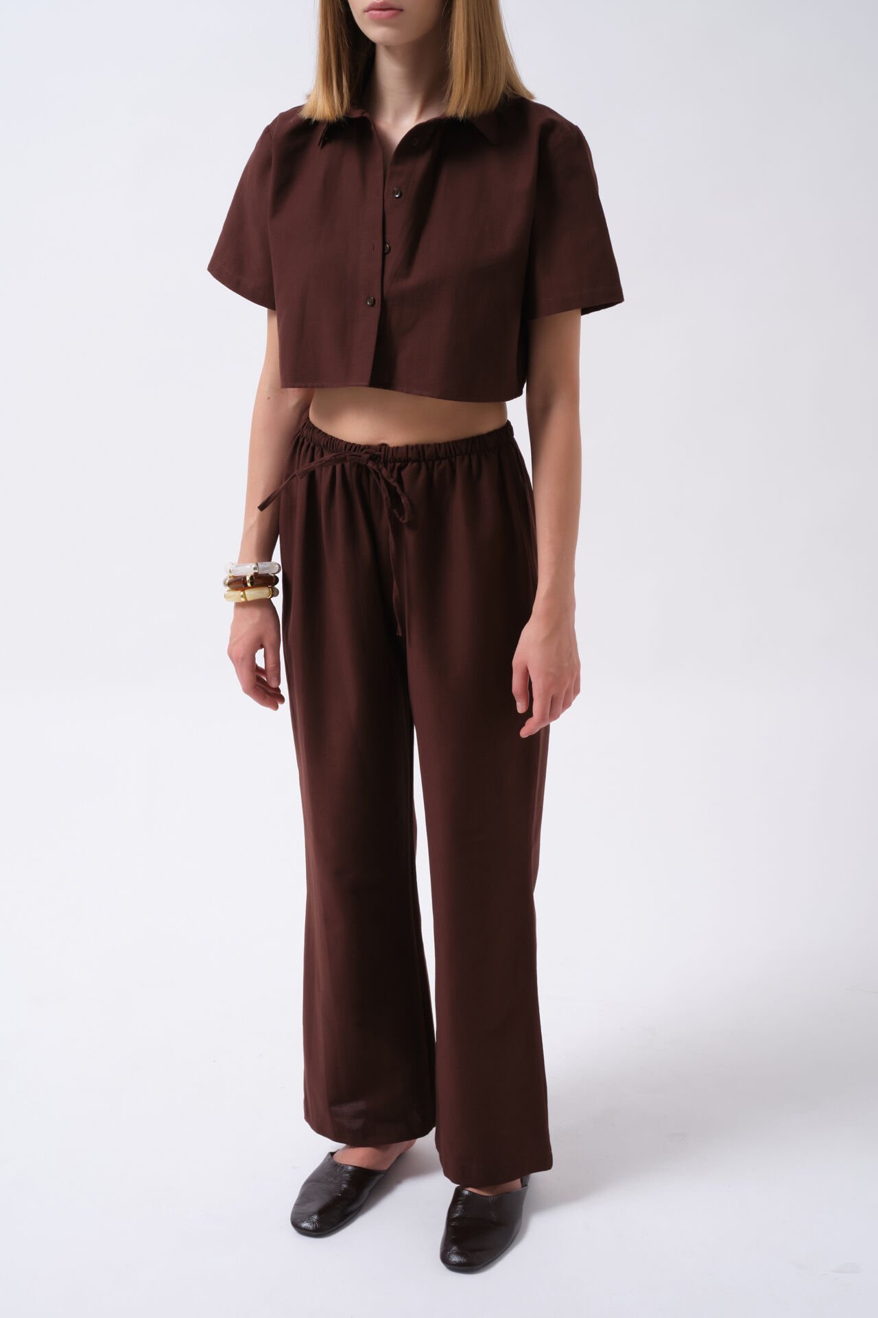 Wholesale Striped Crop Cotton Brown Shirt