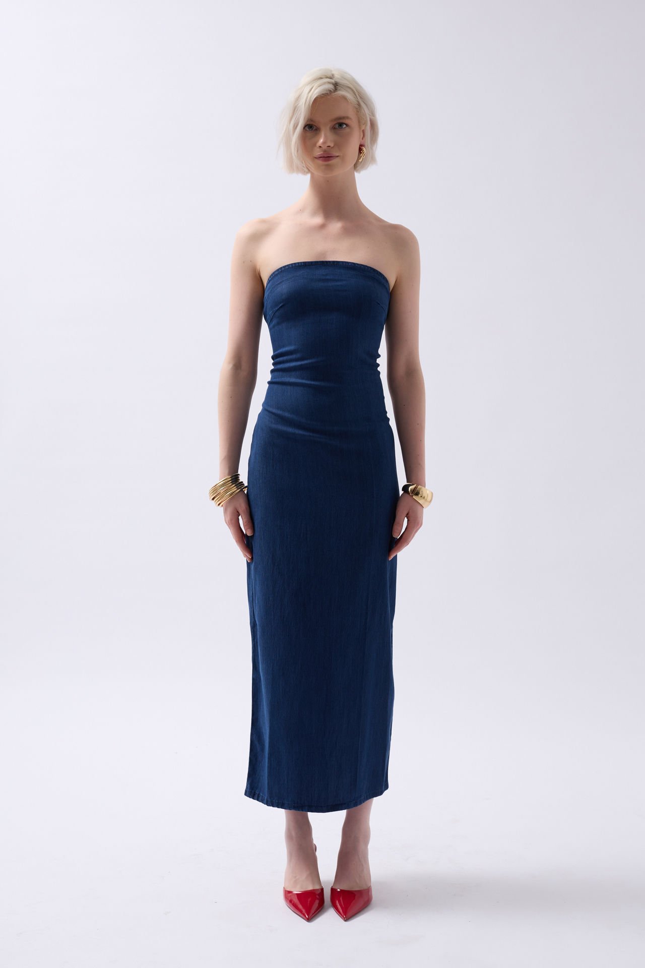 Toptan Straplez Koyu Mavi Kot Elbise