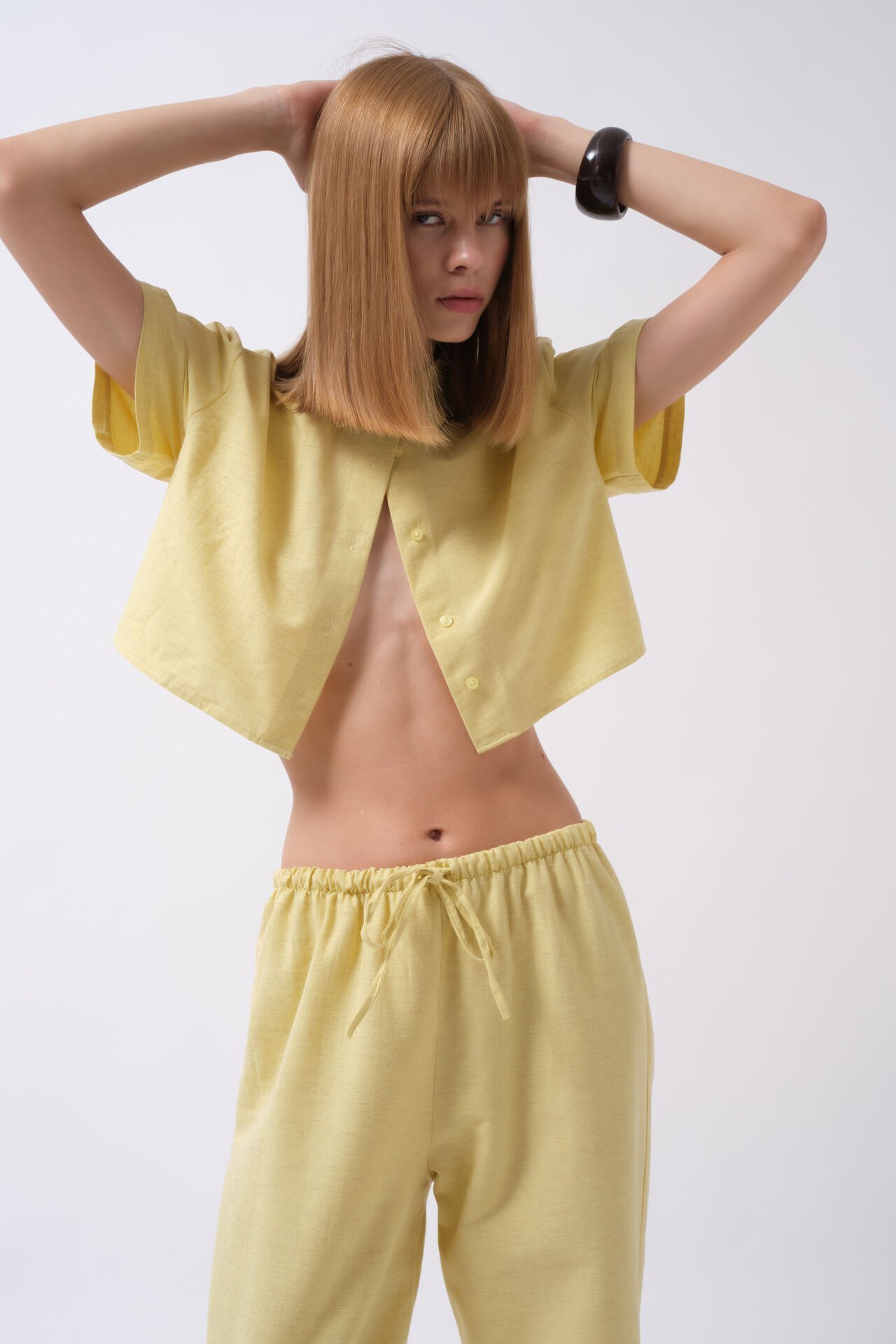 Wholesale Striped Crop Cotton Yellow Shirt