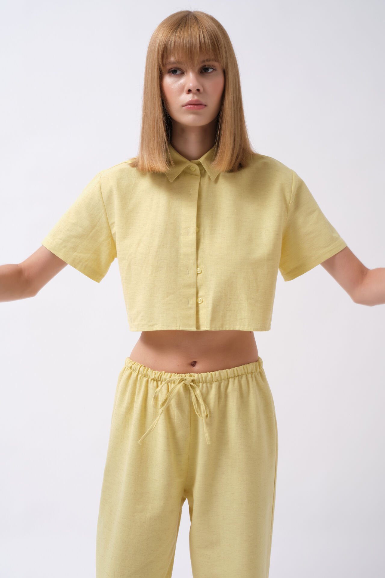 Toptan Çizgili Crop Pamuklu Sarı Gömlek