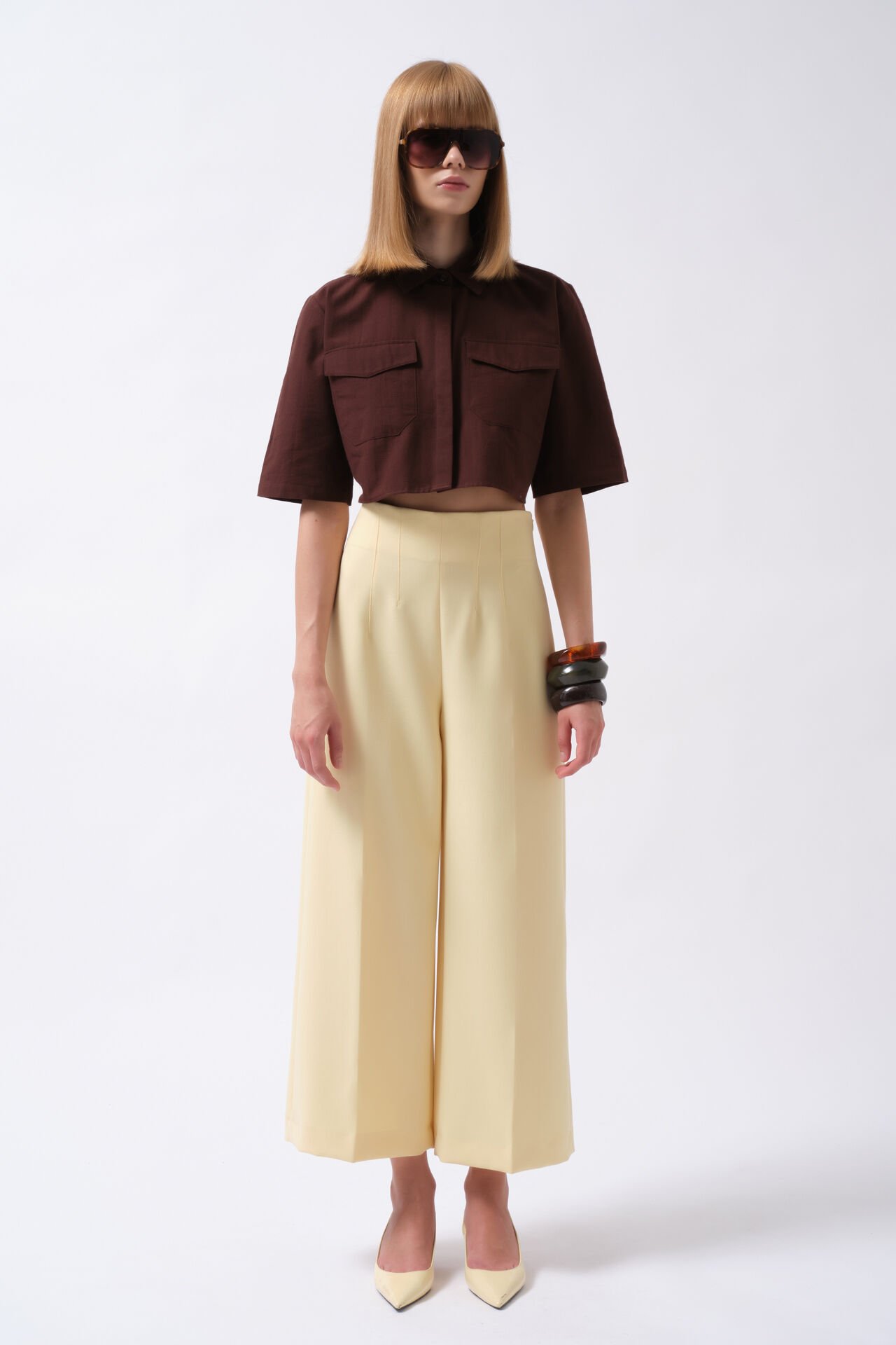 Wholesale Pocket Detail Half Sleeve Crop Brown Shirt