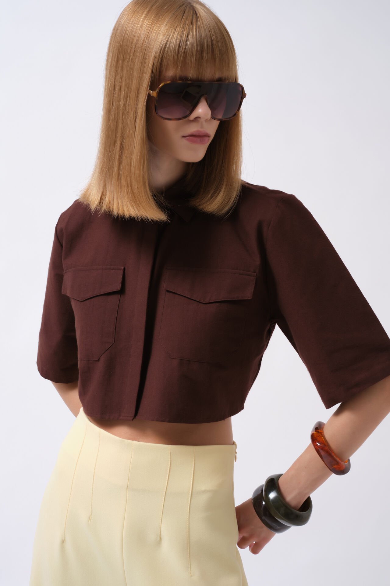 Wholesale Pocket Detail Half Sleeve Crop Brown Shirt